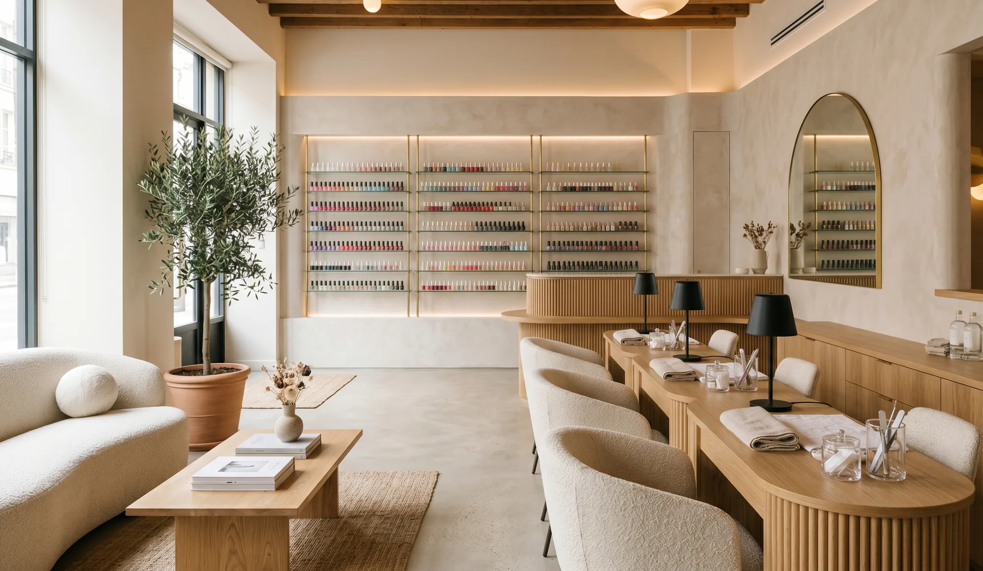 Manicure area with a full-height polish display wall, timber tables, bouclé chairs and a potted olive tree