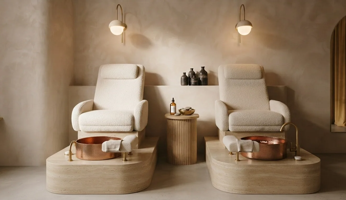Pedicure section with bouclé chairs, copper foot bowls, a fluted timber side table and wall sconces