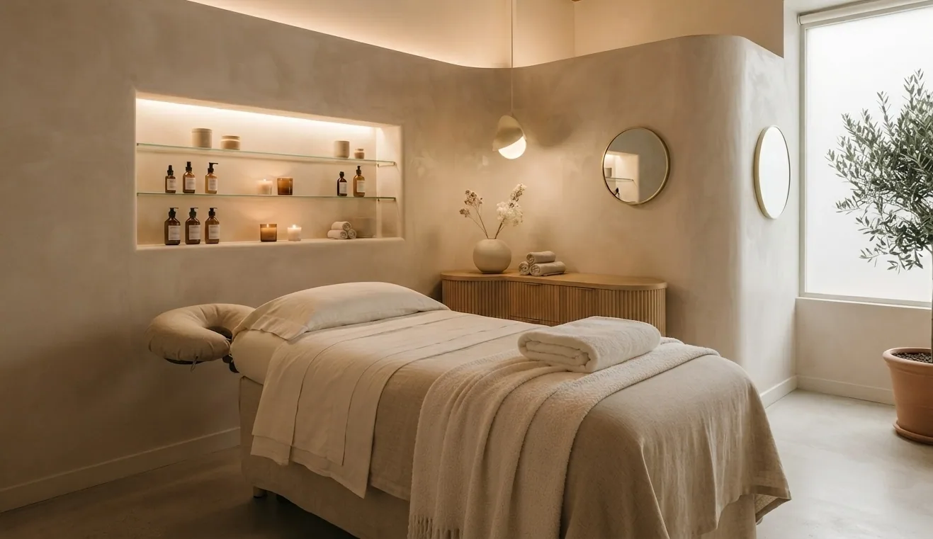 Treatment room with a linen-draped table, textured beige plaster, a recessed shelf niche and a round mirror