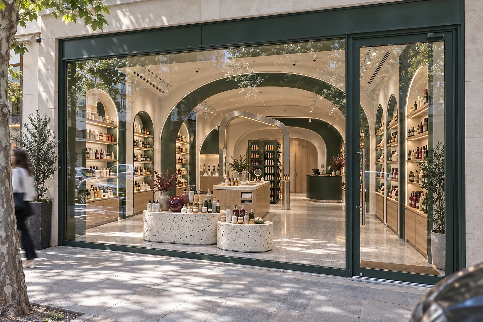 Street frontage and green arches