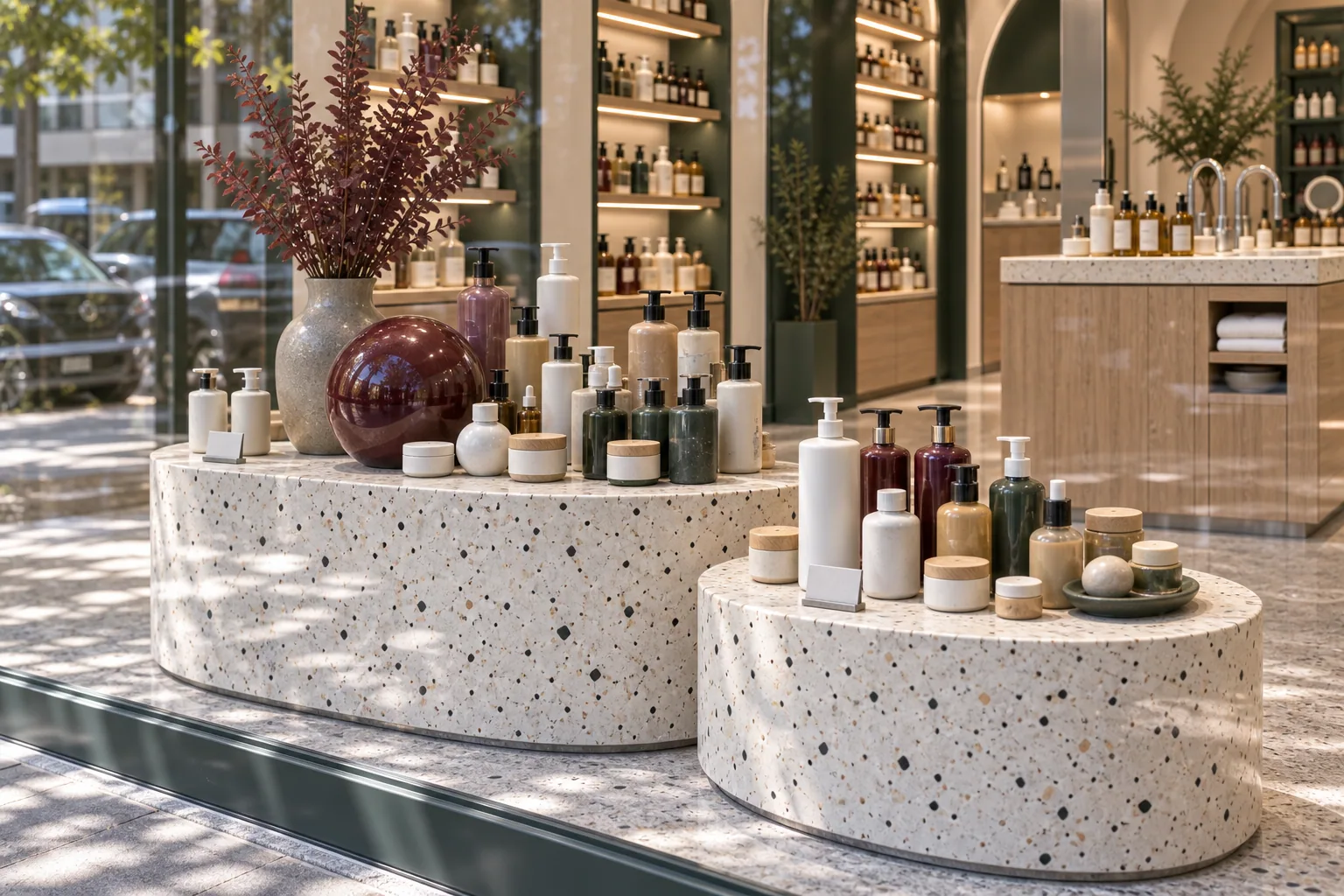 Terrazzo display plinths in the window