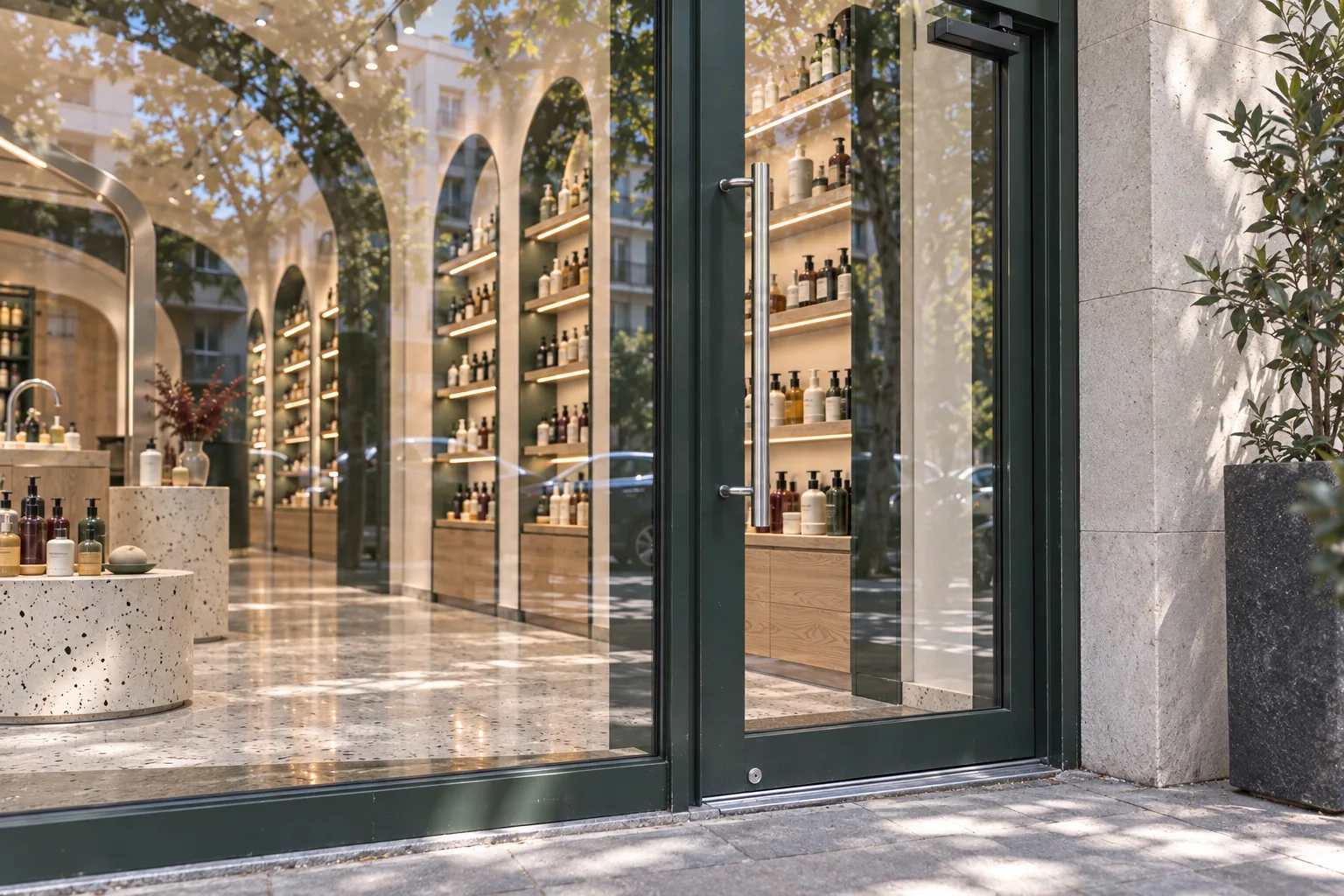 Green entrance door and threshold