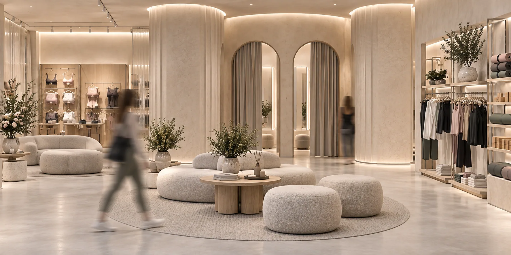 Curved fitting rooms and lounge