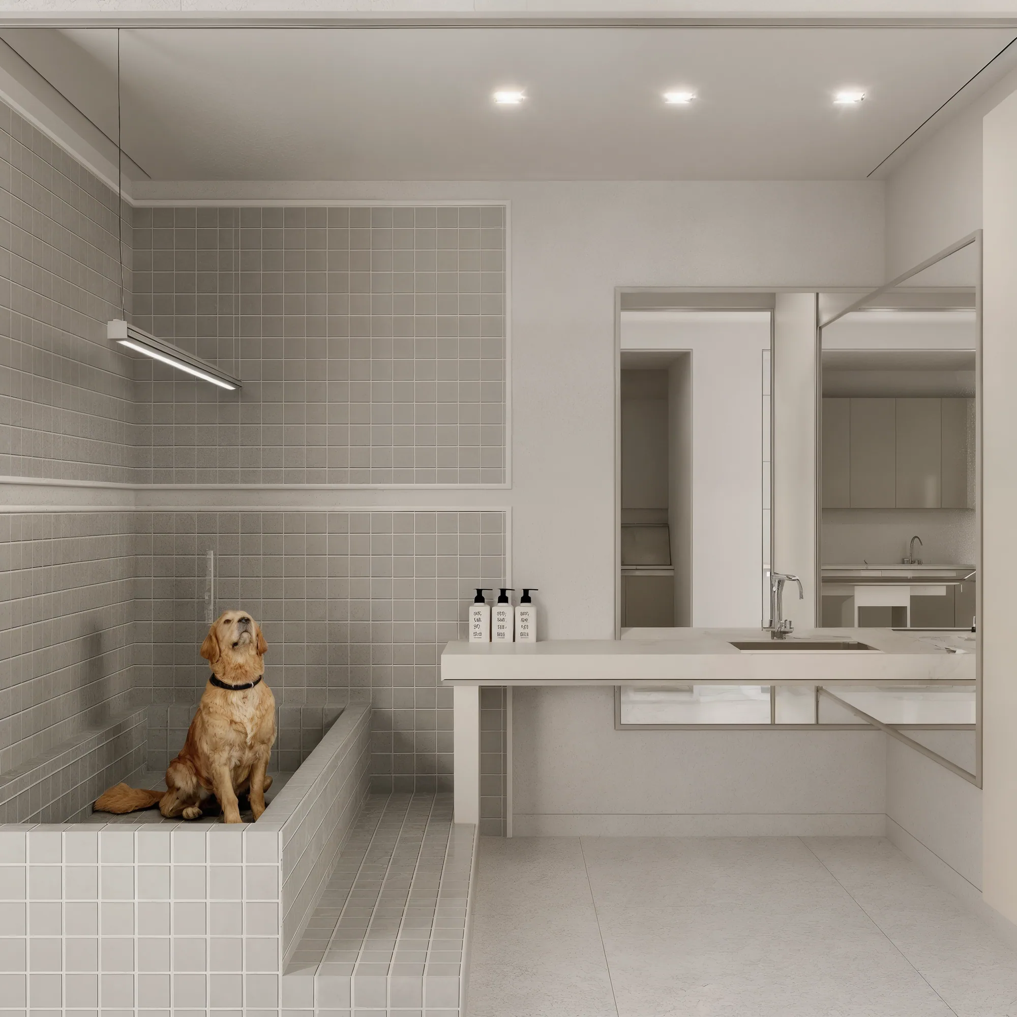 Seramik kaplı yükseltilmiş yıkama teknesi ve duş bataryası; tekne kenarında bekleyen golden retriever