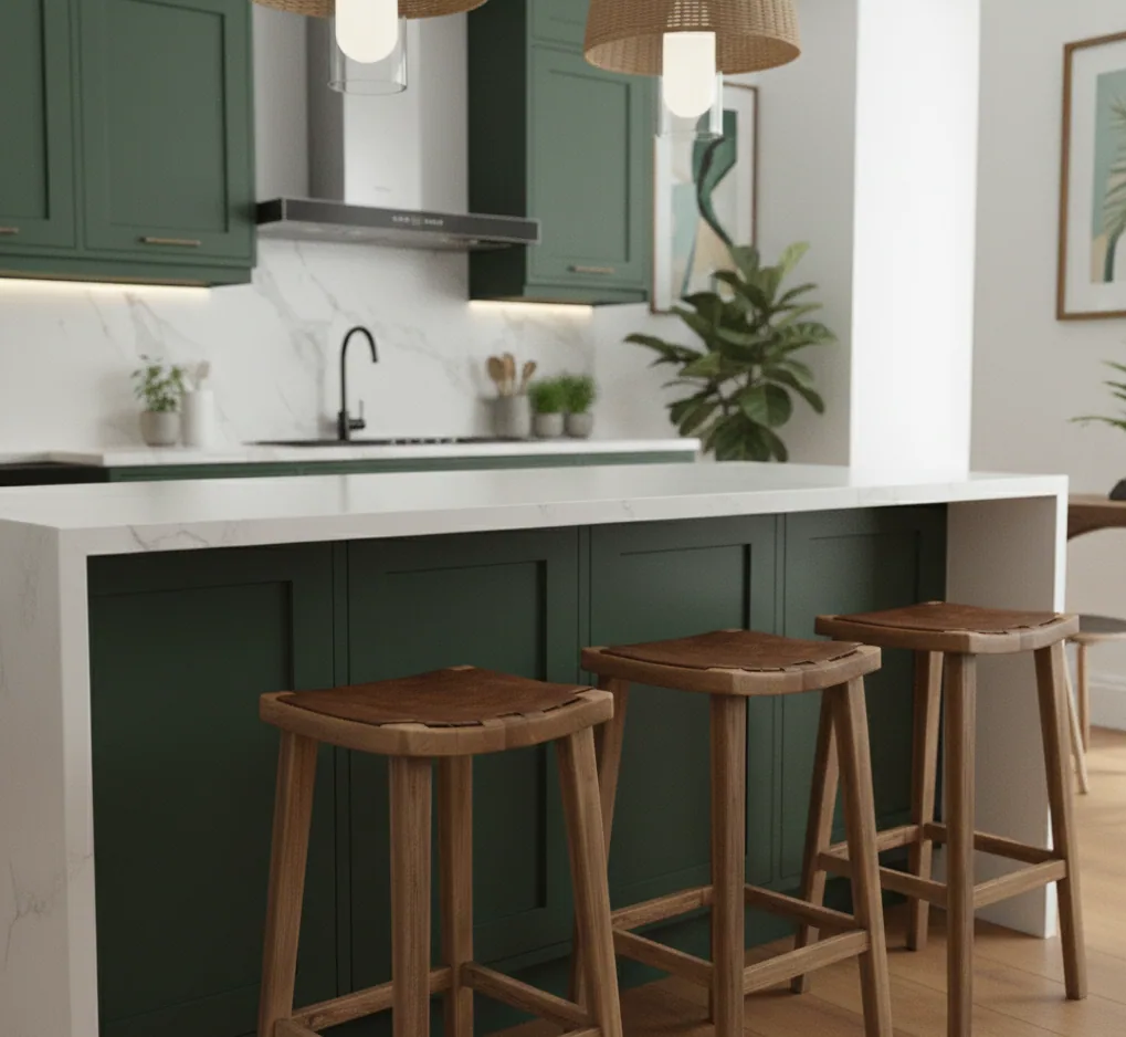 Timber bar stools at the island, with deep green shaker fronts, black brassware and a marble splashback
