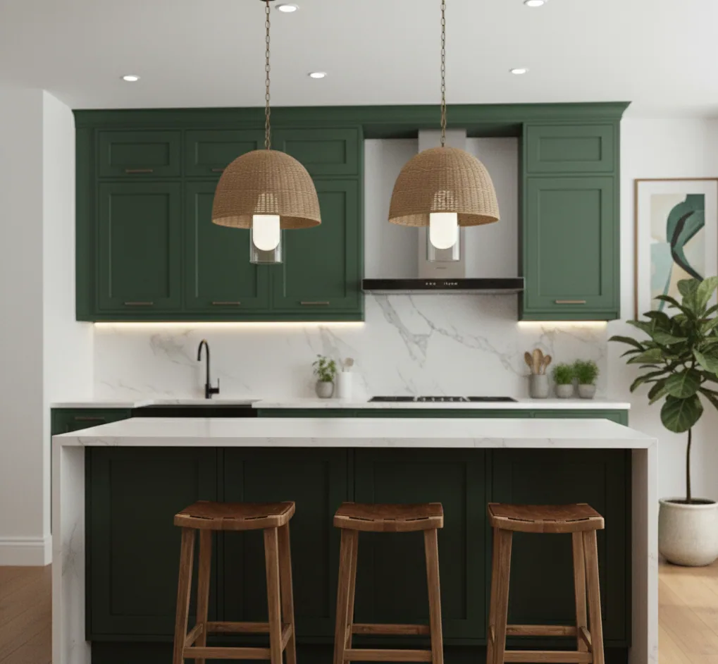 Two woven pendants above the island, with green wall units, a recessed extractor and white marble surfaces