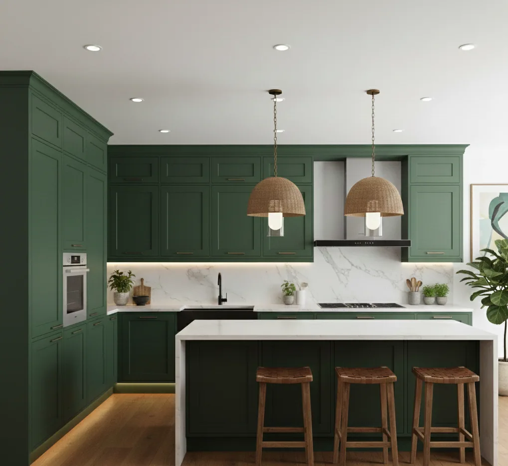 The kitchen as a whole: green units in an L-plan, an integrated oven tower, the island and timber flooring