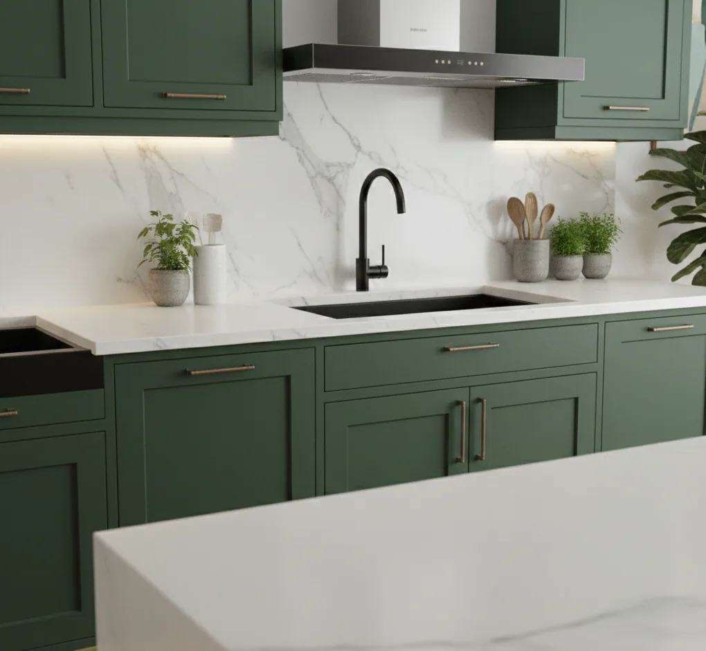 Sink detail with black brassware, veined white marble splashback and brass-toned handles