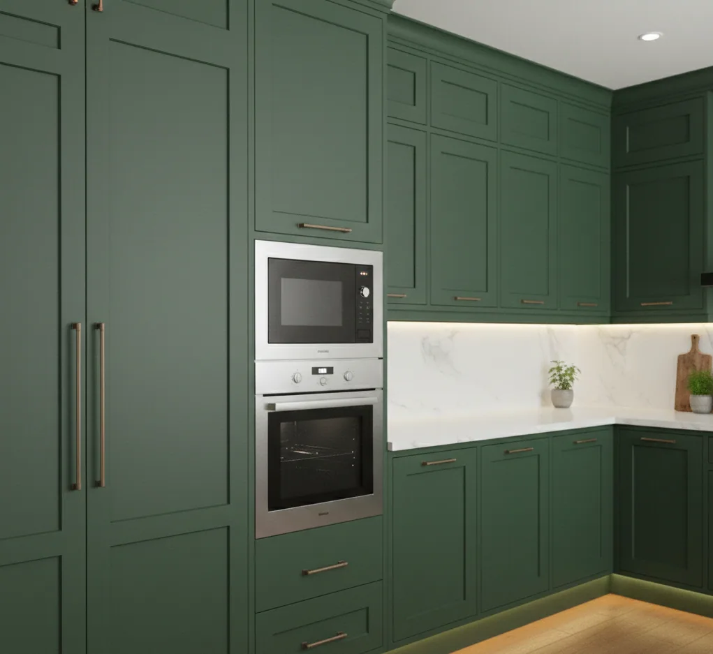 Green storage carried to ceiling height, with an integrated microwave and oven tower and brass handles