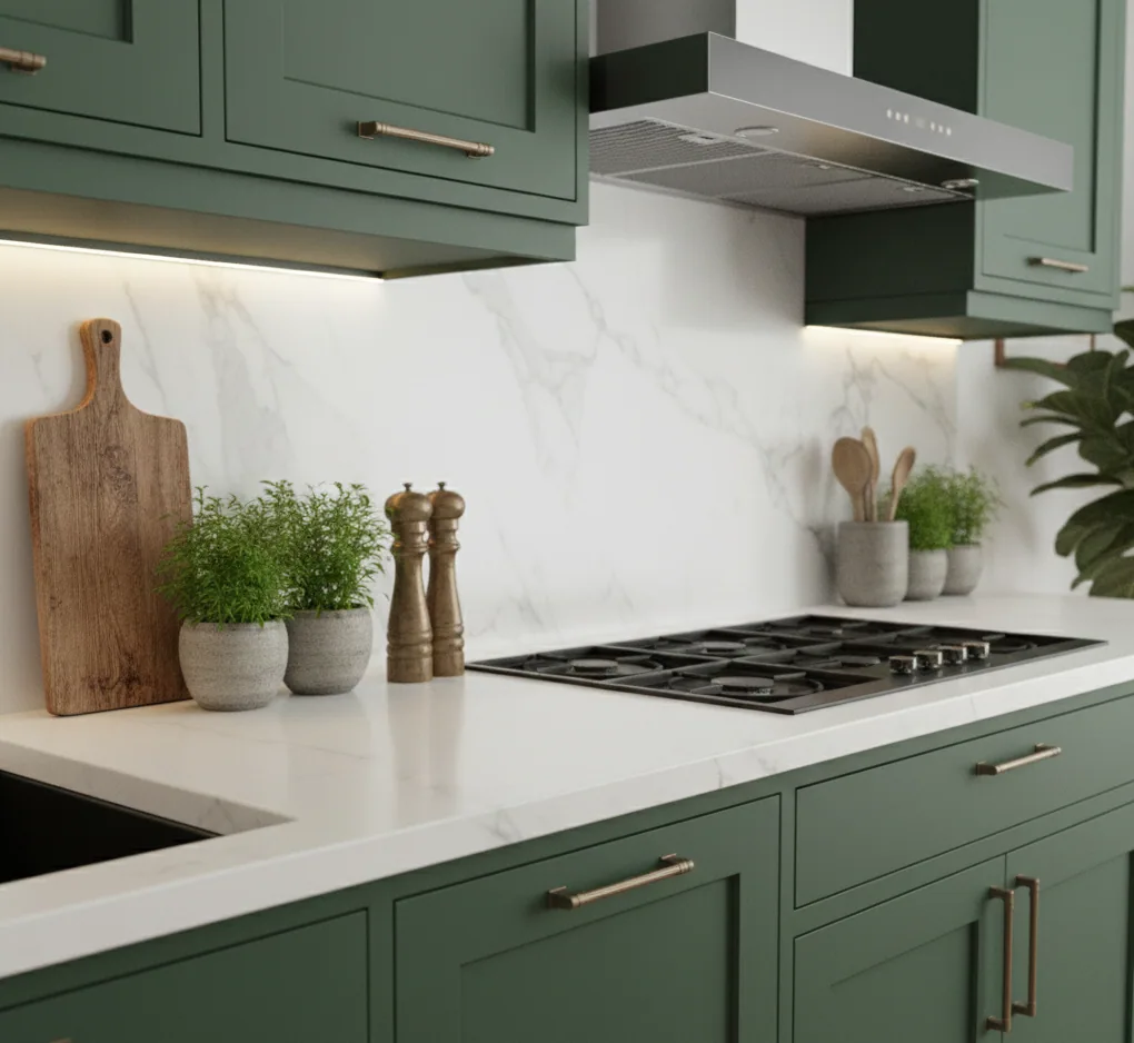 Hob detail with a marble splashback, timber board, potted herbs and a stainless extractor