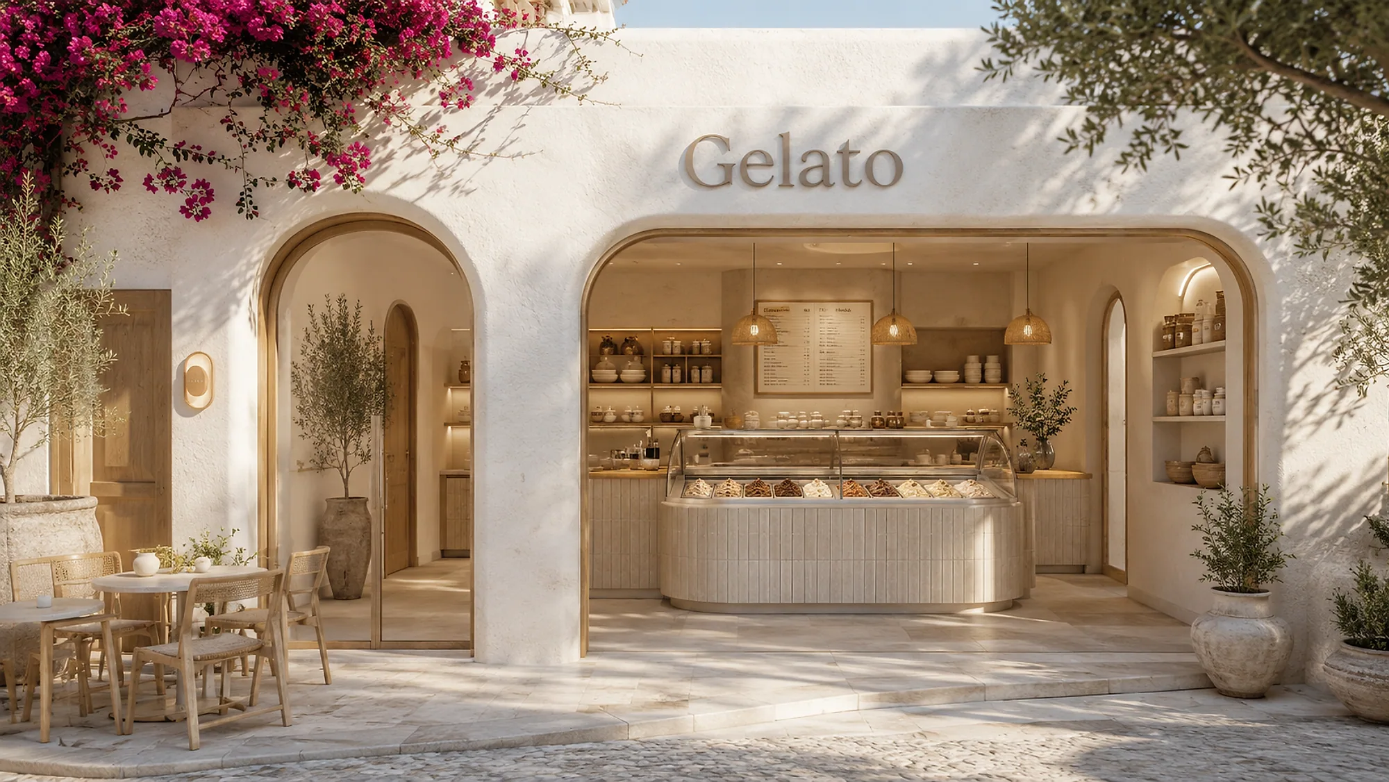 An arched opening in a lime-plastered facade beneath the Gelato lettering, with the fluted service counter inside, bougainvillea and an olive tree
