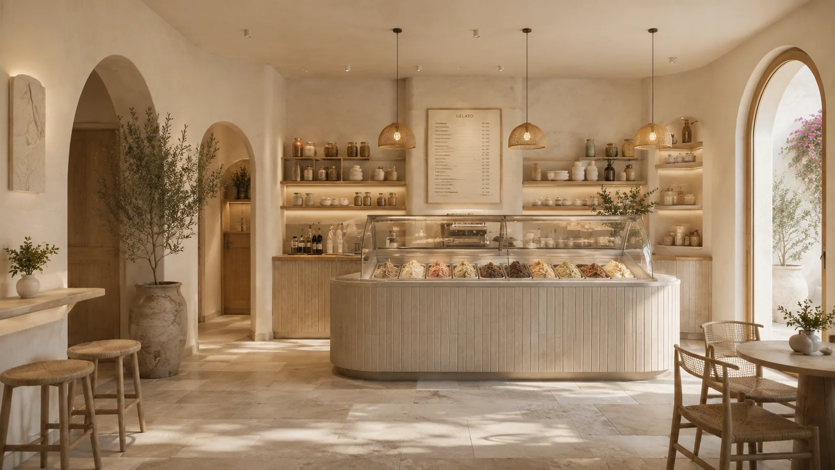 Interior with the fluted-front gelato case, glass jars on timber shelving behind and two pendant lights