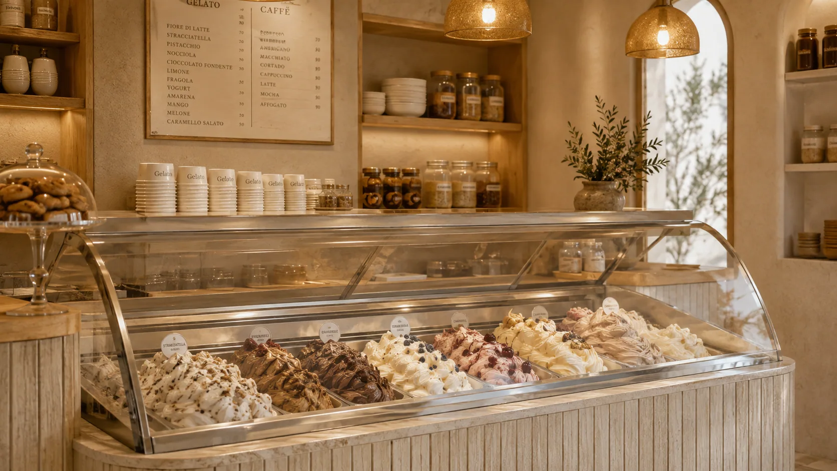 Close view of the gelato case with the trays lined up, jars on timber shelves above and a hand-lettered menu