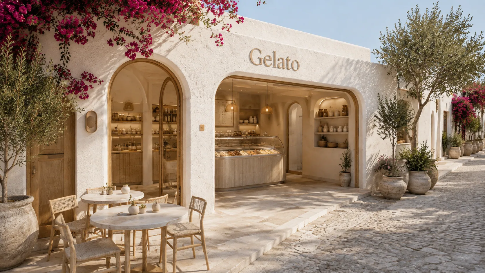 Wide view from the stone street: two arched openings, a marble table and rattan chairs for outdoor seating