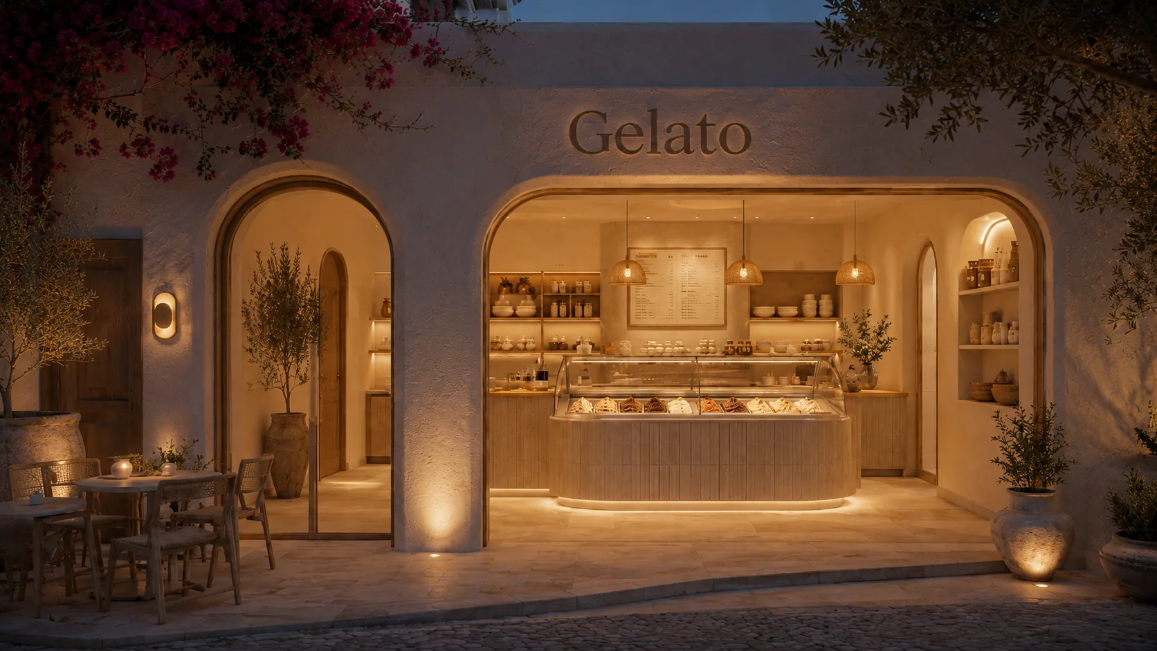 The frontage in the evening, with warm layered light beneath the arches, concealed floor uplights and a potted olive tree