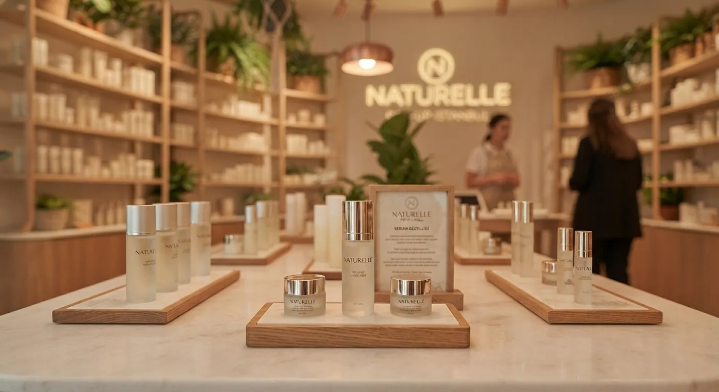 Cream-toned serum and moisturiser packaging on timber trays across the display island, with the brand totem behind