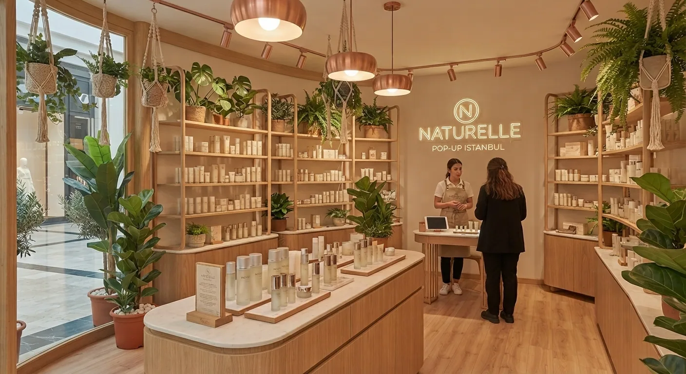 Pop-up interior with copper pendants, timber shelving, the NATURELLE wall logo and a visitor at the consultation desk