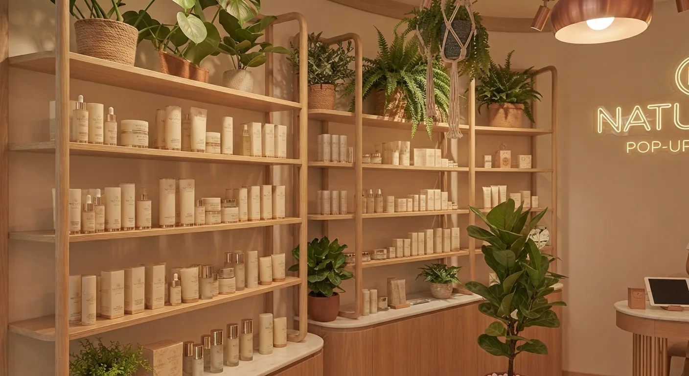 Product groups on curved timber shelving, interspersed with potted plants above a marble counter