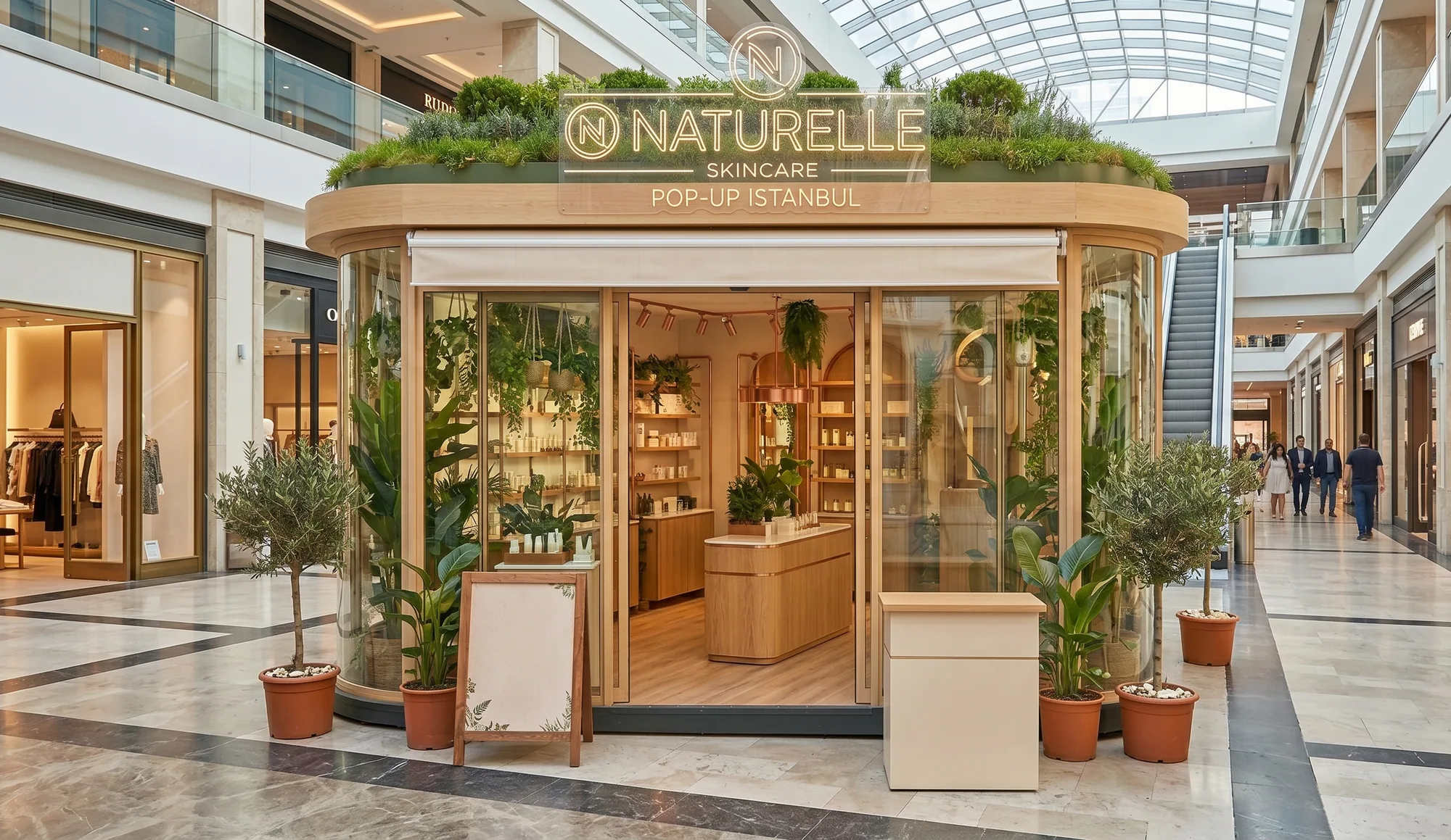 The pop-up frontage inside the shopping centre, with glazed vitrines, planted roof edge and branded signage