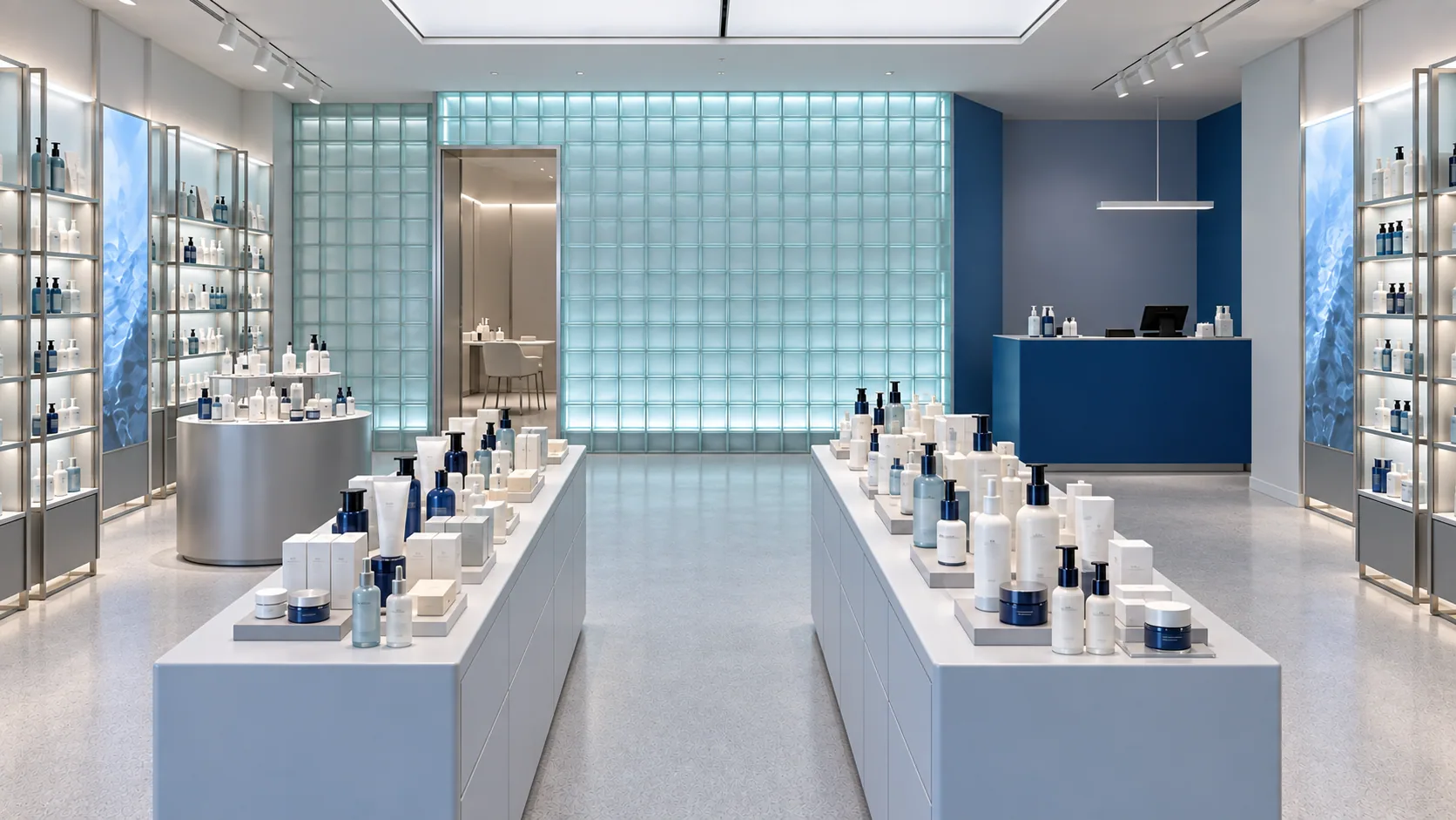 Glass-block wall and till area