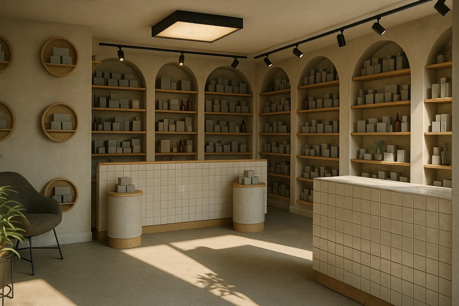 Timber shelving and products in arched wall niches, a small-format tiled counter and daylight across the floor