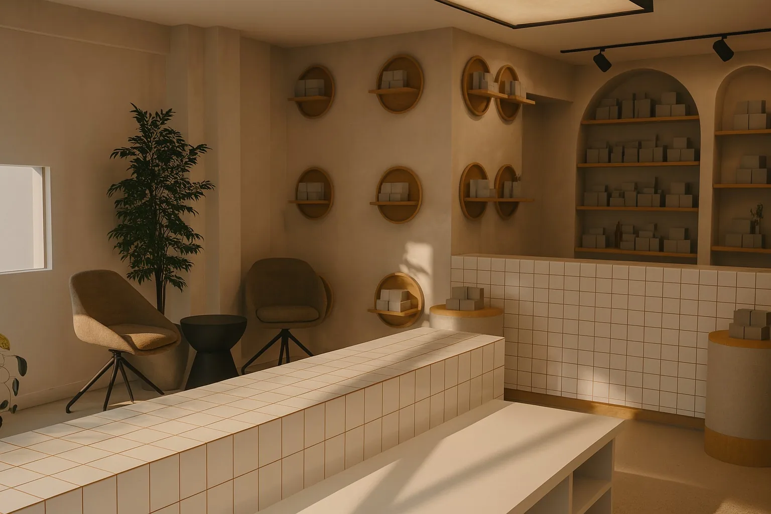 Circular wall niches with timber shelves, a tiled display counter and a seating corner