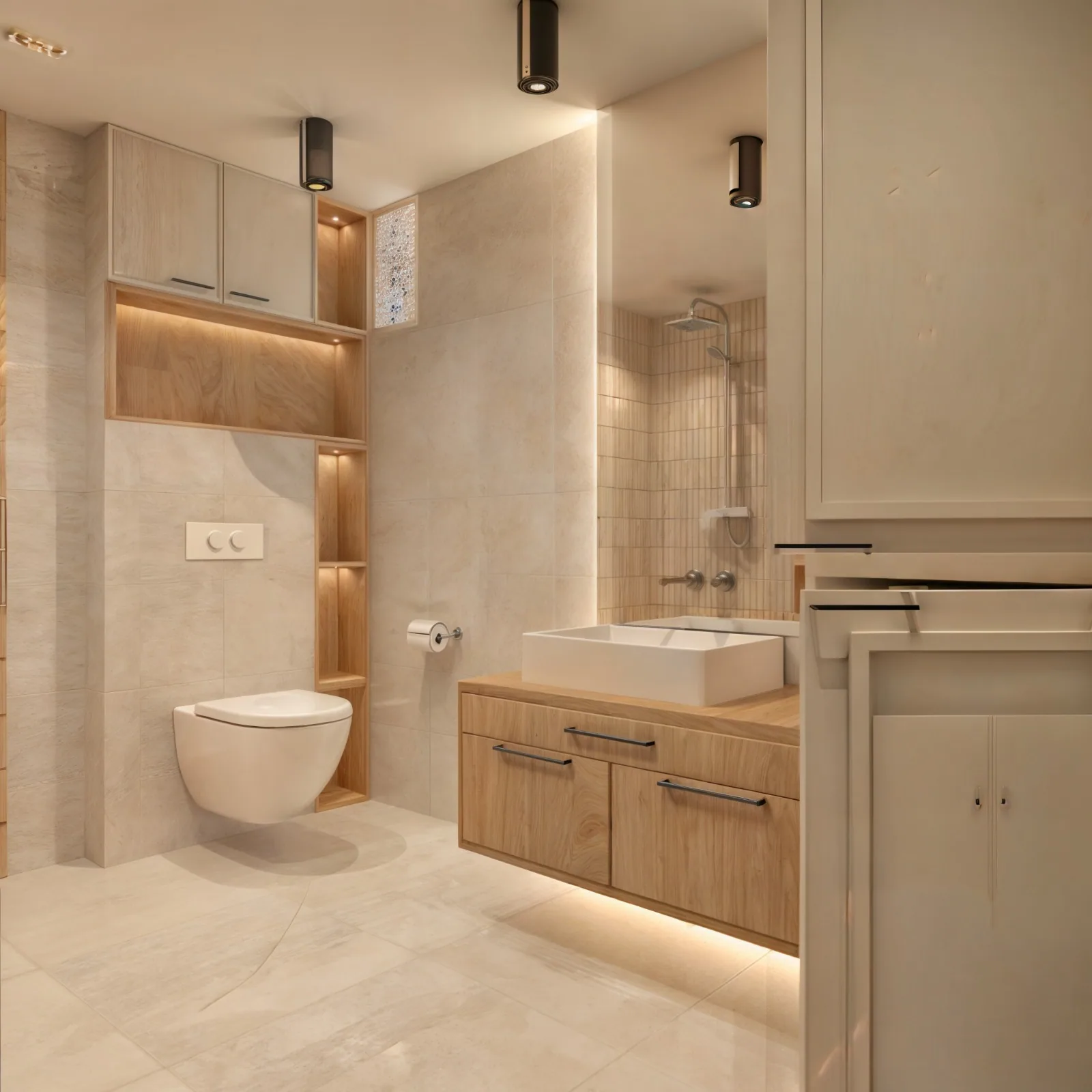 Açık bej seramik banyo; ahşap lavabo dolabı, asma klozet, ışıklı niş raflar ve arkada duş alanı