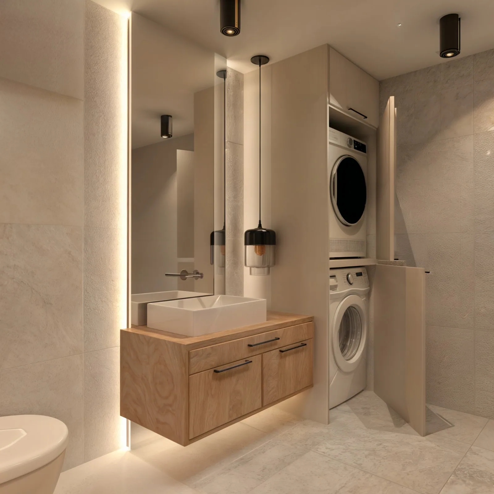 Lavabo ve ayna aydınlatması; dolap sistemi içine gizlenmiş çamaşır ve kurutma makinesi